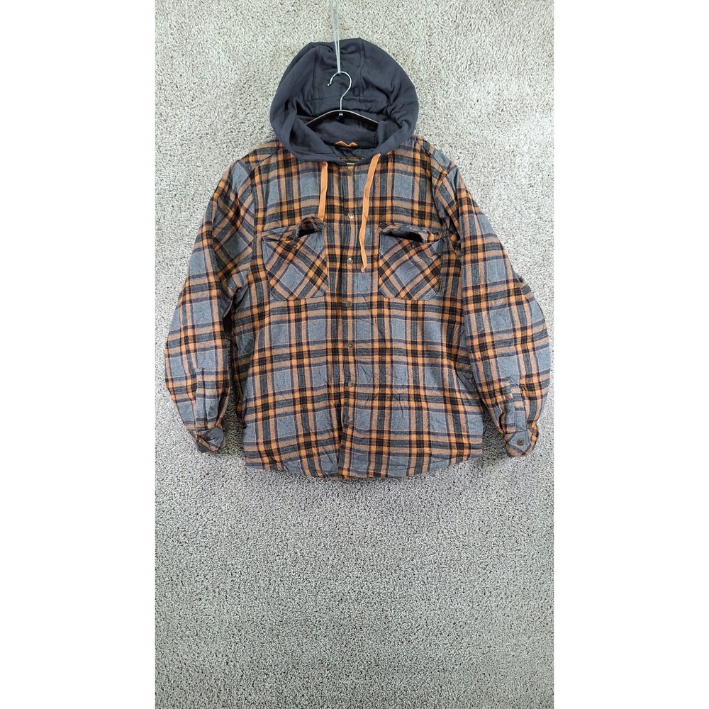 Legendary Outfitters Flannel Shacket Mens XL Gray Orange Plaid Snap Front Hooded